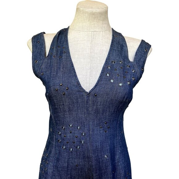 NWT by Anthropologie Blue Denim Maxi Trumpet Dress Stud + Grommets 2 Petite West - Picture 3 of 11